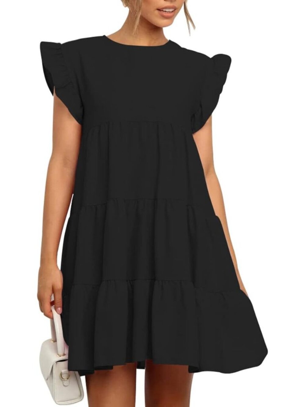 Women's Black Casual Ruffle Sleeve Round Neck Solid Loose Fit Shift Mini Dress